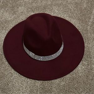 Burgundy Rhinestone Wide Brim Hat